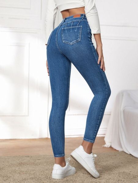 

high waist patched detail skinny jeans 62bf#, Blue