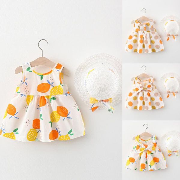 

girl's dresses summer dress for girls toddler child baby girl bow print suspender with hat casual sukienki dla dzieci, Red;yellow