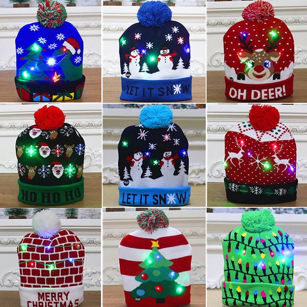 

led lighted cap knitted hat christmas props party supplies kids adults winter warm crochet beanies 11 styles