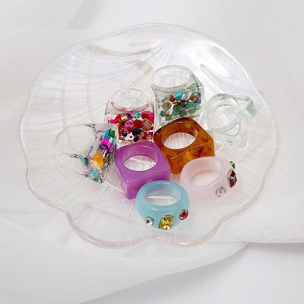 

cluster rings fashion transparent colourful square round for women girls crystal acrylic geometric finger jewelry party gifts, Golden;silver