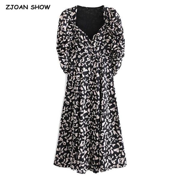

casual dresses 2021 france style spring women v neck bow print puff sleeve long dress ladies single-breasted buttons midi shi, Black;gray