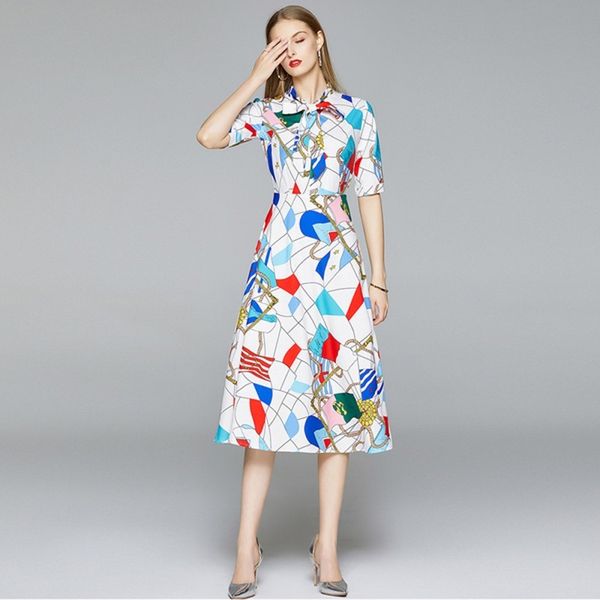 

fashion runway summer midi dress women half sleeve bow collar floral chain print vintage dress female holiday a-line dress 210514, Black;gray