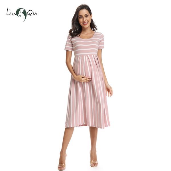 Kadın Yaz Rahat Çizgili Annelik Elbiseler Giysileri Kısa Kollu Diz Boyu Gebelik Elbise Oturumu Pileli Bebek Duş Pembe 210721