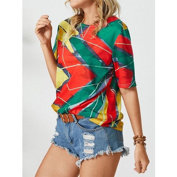 

women's blouses & shirts vitality stripe printed short sleeve loose slimmed all-match girl t-shirt geometric lines contrast color strip, White