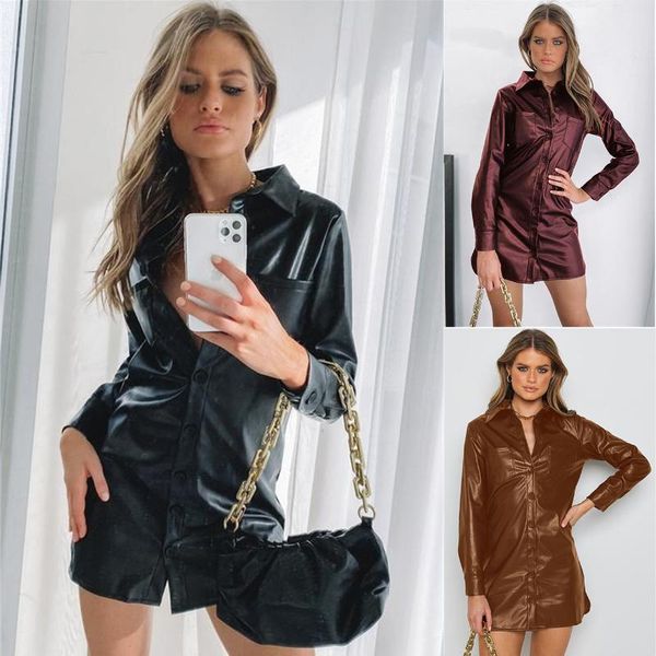 

casual dresses long sleeve pu shirt mini dress woman autumn fashion solid button slim for women 2021 black office robe femme, Black;gray