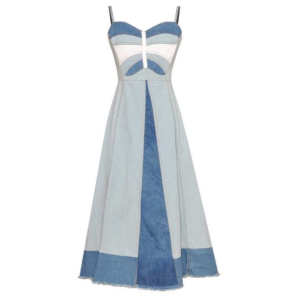 

est fashion 2021 runway dress women's spaghetti color block denim patchwork casual dresses, Black;gray