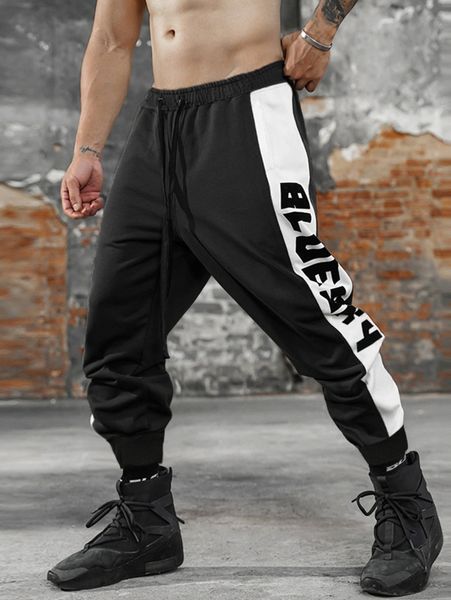 

men contrast side seam letter graphic drawstring waist sweatpants w2ea#, Black