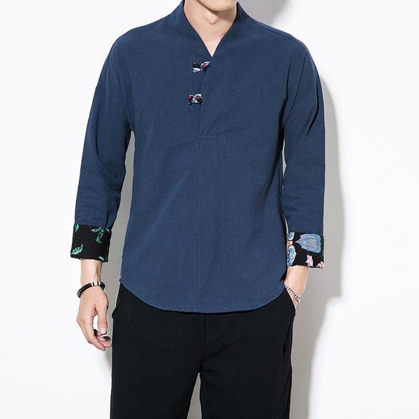 

men's casual -5xl plus size baggy cotton linen shirt solid long sleeve two button retro shirts autumn spring streetwear clothes men, White;black