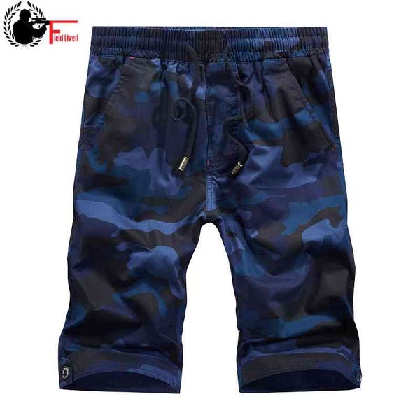 

men cloth cargo waist elastic mens camo shorts casual summer drawstring cotton pocket breeches male bermuda blue camouflage 210518, White;black