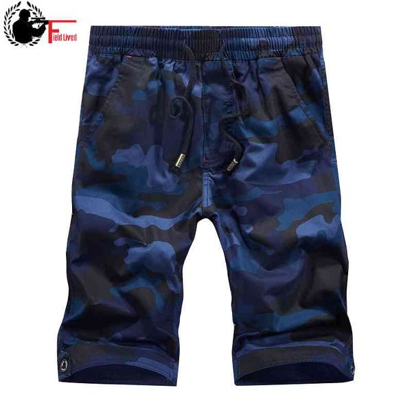 Männer Tuch Cargo Taille Elastische Herren Camo Shorts Casual Sommer Kordelzug Baumwolle Tasche Breeches Männlich Bermuda Blau Camouflage 210518