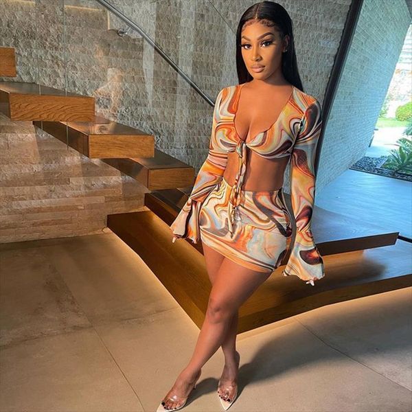 

flare sleeve wrapped bandage women tracksuits crop skirt 2 piece set summer streetwear print buttocks casual suit, Gray