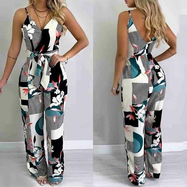 

women's jumpsuits & rompers 2021 fashionsummer women boho strap v-neck clubwear playsuit bodycon party print trousers jumpsuit, Black;white