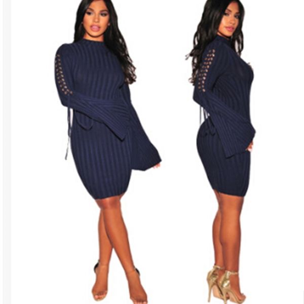 

women bandage bodycon dresses autumn spring flare sleeve lace up dress vertical striped skinny clothes, Black;gray