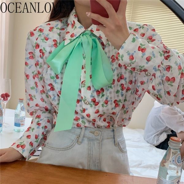 

print green bow women blouse kawaii vinatge autumn blusas elegant chic sweet long sleeve shirts female 17746 210415, White