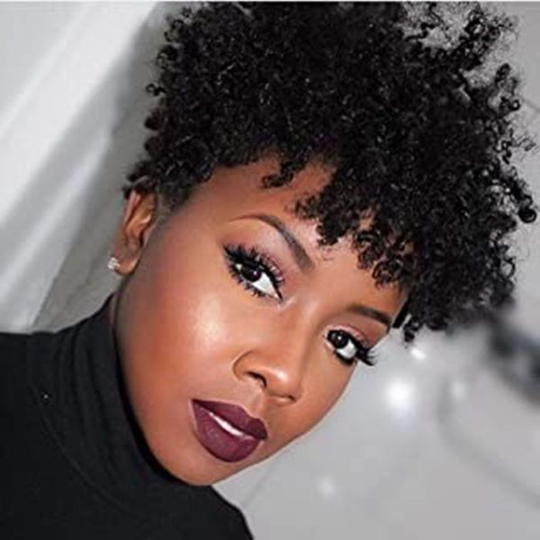 

short afro kinky curly human hair wigs pixie cut for black women brazilian virgin none lace 150% density unprocessed machine made, Black;brown