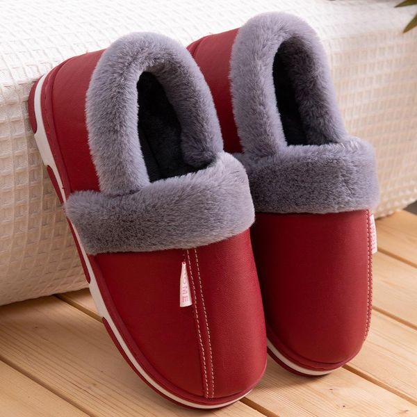 

women fahsion pu leather slippers solid color indoor wooden floor home slipper shoes waterproof non-slip cotton-padded, Black