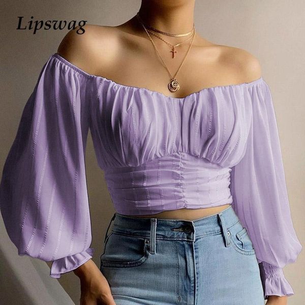 

women's blouses & shirts women off-shoulder elegant lantern sleeve blouse autumn slash neck chiffon shirt office lady solid ruffle, White