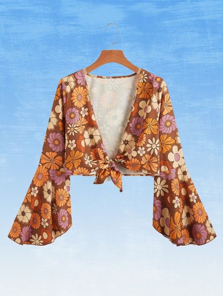 

romwe x goldendazeillustration allover floral print tie front 73kd#, White