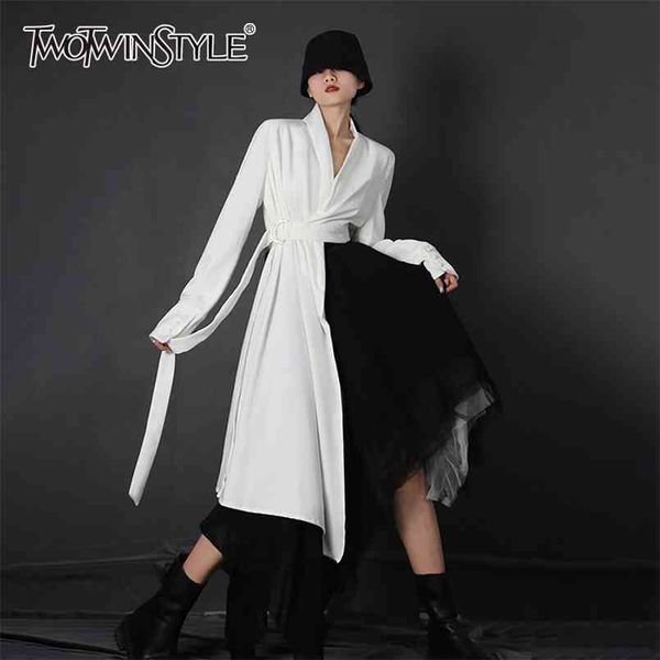 

white jacket for women v neck long sleeve with sashes asymmetrical coat female fashion clothes spring 210524