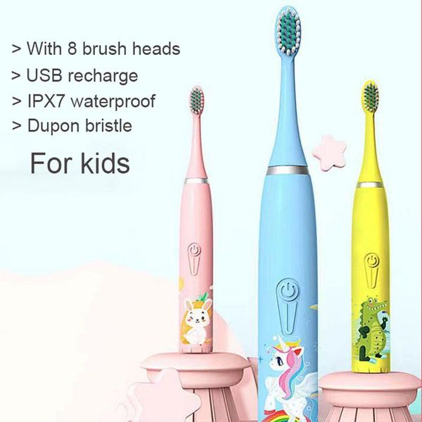 

smart electric toothbrush children sonic usb recharge ipx7 waterproof cartoon teeth brush 3-12 years old dental cleaning with 8 heads
