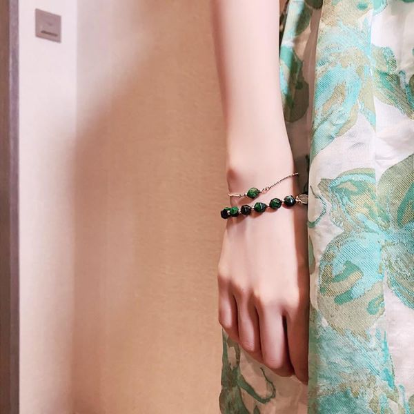 

link, chain 2pcs/set adjustable light luxury green gem stone bracelet female korean version simple personality design 2021, Black