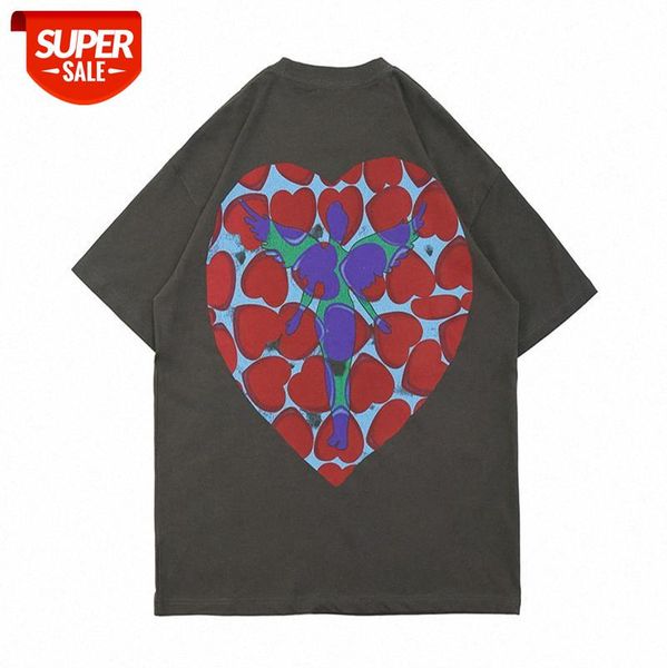 

american high street retro old printed t-shirt loose creative peach heart flower letter printing short sleeve tee #lt11, White;black