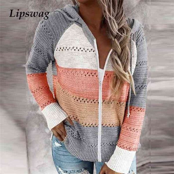 

women elegant patchwork striped sweaters 2021 autumn long sleeve cardigan ladies winter casual v-neck hooded knitted sweater, White;black