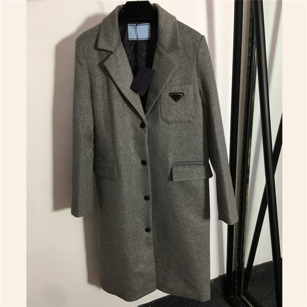 

chic autumn winter women trench coats triangle label long sleeve tweed coat single breasted outerwear with tags, Tan;black
