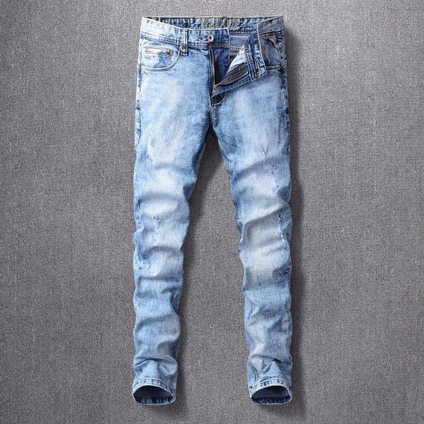 

men's jeans street style fashion men retro light blue elastic slim fit ripped frayed hole designer casual plain denim pants
