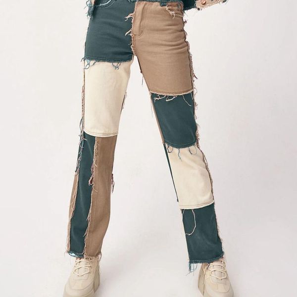 

women's jeans patchwork y2k trousers women aesthetic fashion white pants warm, Blue