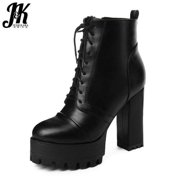 

boots jk platform motorcycle women high heels ankle boot ladies shoes female round toe lace up winter, Black