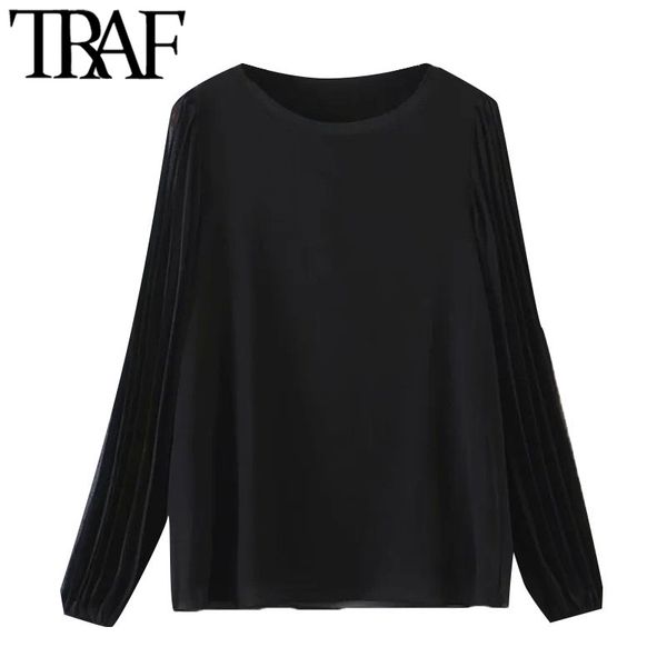 

traf women fashion patchwork loose blouses vintage semi-sheer pleated long sleeve female shirts blusas chic 210415, White