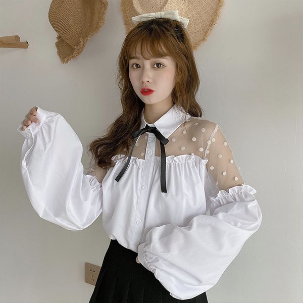

korean fashion women white blouse lace up collar polka dot transparent mesh ladies vintage ruffle button long sleeve shirt, White;black