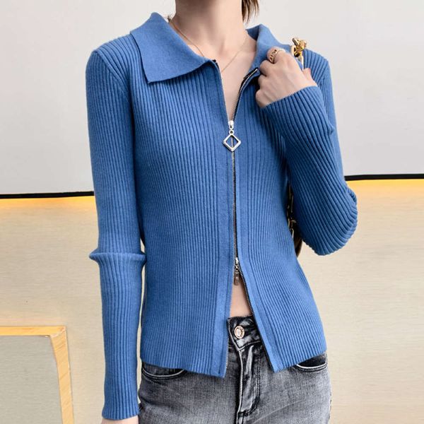 

autumn solid color lapel over cardigan slim jacket with zipper sweater, White;black