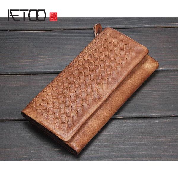

wallets aetoo hand-woven zipper wallet men and women leather first layer of tanned long woven weaved multi-card bit, Red;black