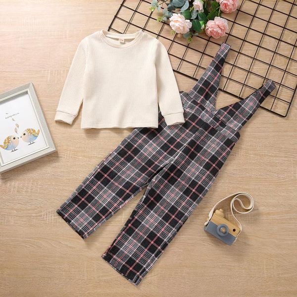 

clothing sets 2pcs toddler outfit solid color long sleeve round neck t-shirt + plaid v-neck suspenders pants for girl 18 months to 6 years, White