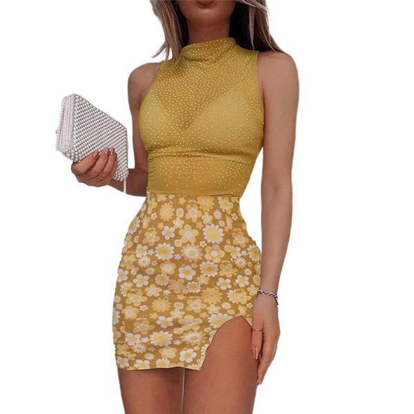 

skirts elegant women mini skirt yellow sunflower floral print slit bodycon short for summer side dress office lady, Black
