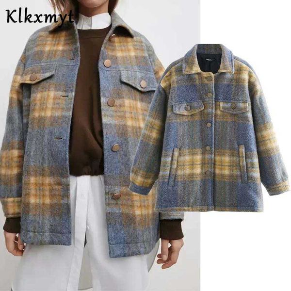 

klkxmyt za women fashion metal button oversized check jacket coat vintage long sleeve pockets female outerwear chic 210527, Black;brown