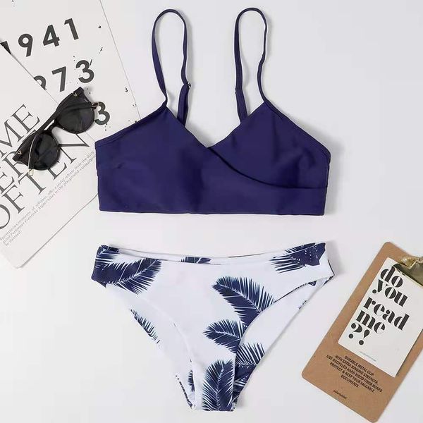 

3-color 2021 new swimsuit solid leaf print split bikini, White;black