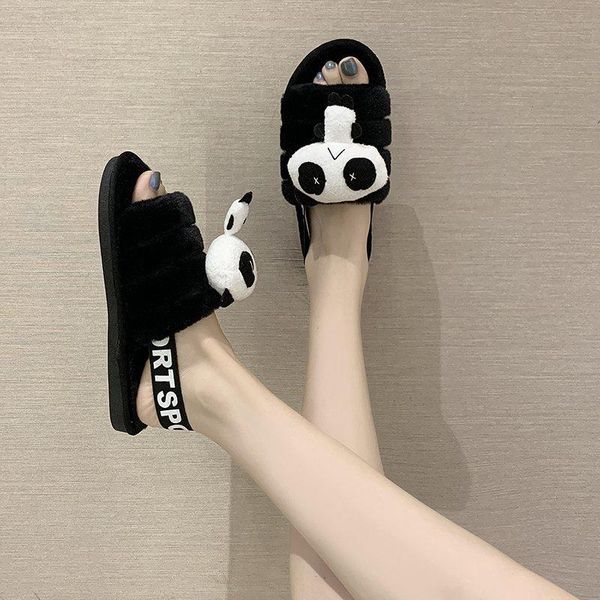 

flat slippers plush fur women fashion sandals elastic band sponge cake rubber sole non-slip zapatillas mujer, Black