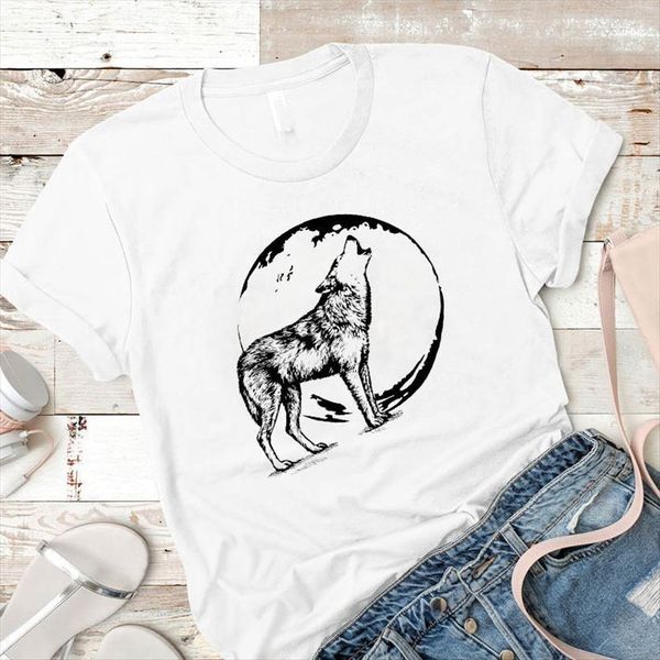 

wolf moon printed short sleeve women loose clothes graphic, White