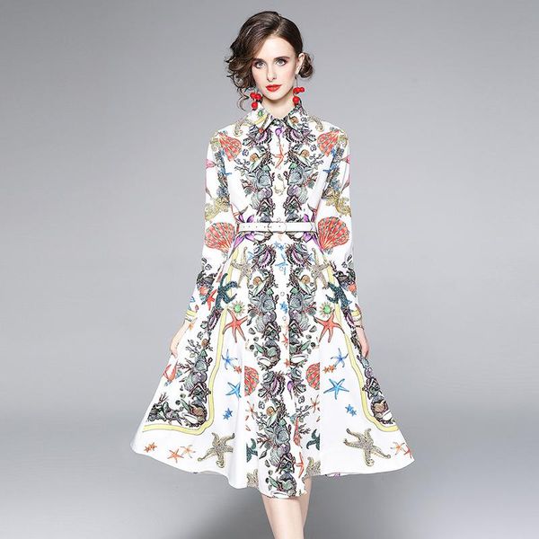 

casual dresses fashion designer retro starfish scallop print shirt dress women autumn lapel long sleeve high waist with belt, Black;gray