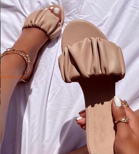 

slippers 2021 summer women pleated flats female fashion outside comfortable slides ladies solid soft beach, Black
