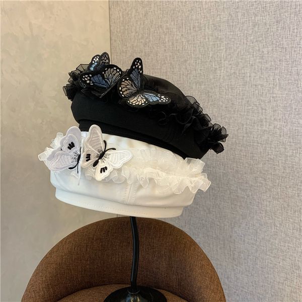 

designer three dimensional butterfly embroidered beret children qiudong net red fashion street black painter bud hat, Blue;gray