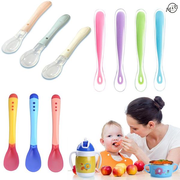 

baby feeding spoon soft silicone long handle temperature sensing children learn eating tool care cups, dishes & utensils