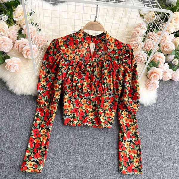 

fashion blouse female french retro print blusa hollow round neck puff sleeve pleated high waist short chiffon shirt gk391 210507, White