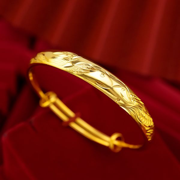 Bracciale rigido in oro 24 carati intagliato fenice tondo gioielleria moda donna