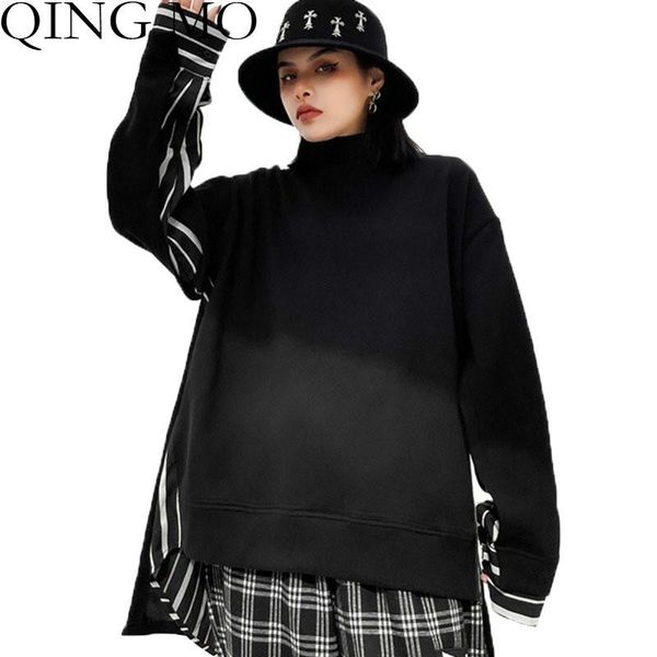 

black patchwork women sweatshirt 2021 spring fake two piece coat plus size irregular pullover loose qyf228a women's hoodies & sweatshir