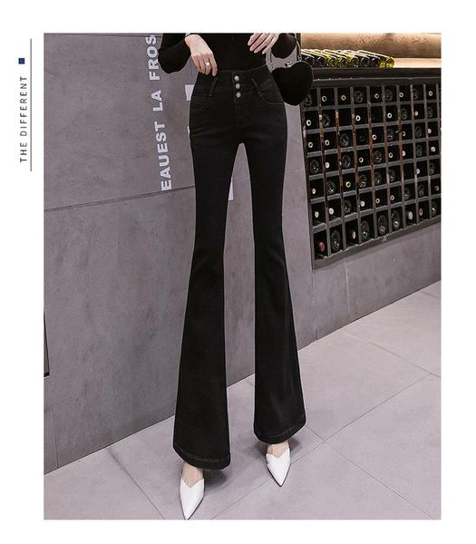 

women's jeans spring and autumn arrive high waist elastic black colour flared pants trousers., Blue