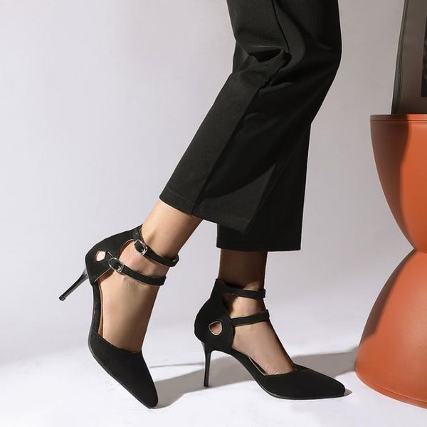 

temperament suede pointy stiletto heels women's 2021 spring fashion hollow out lady dress single shoe sandals, Black